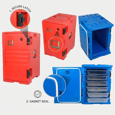 Food Pan Warmer Cooler 90L Insulated Hot Cold Holding Carrier Cabinet PE Rotomolded Casters 635x460x640mm